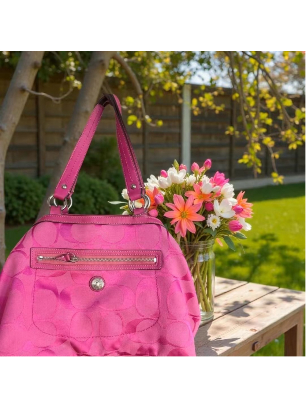 Y2K-era (2010) Coach Signature Kisslock Frame Satchel in Vibrant Fuchsia Pink